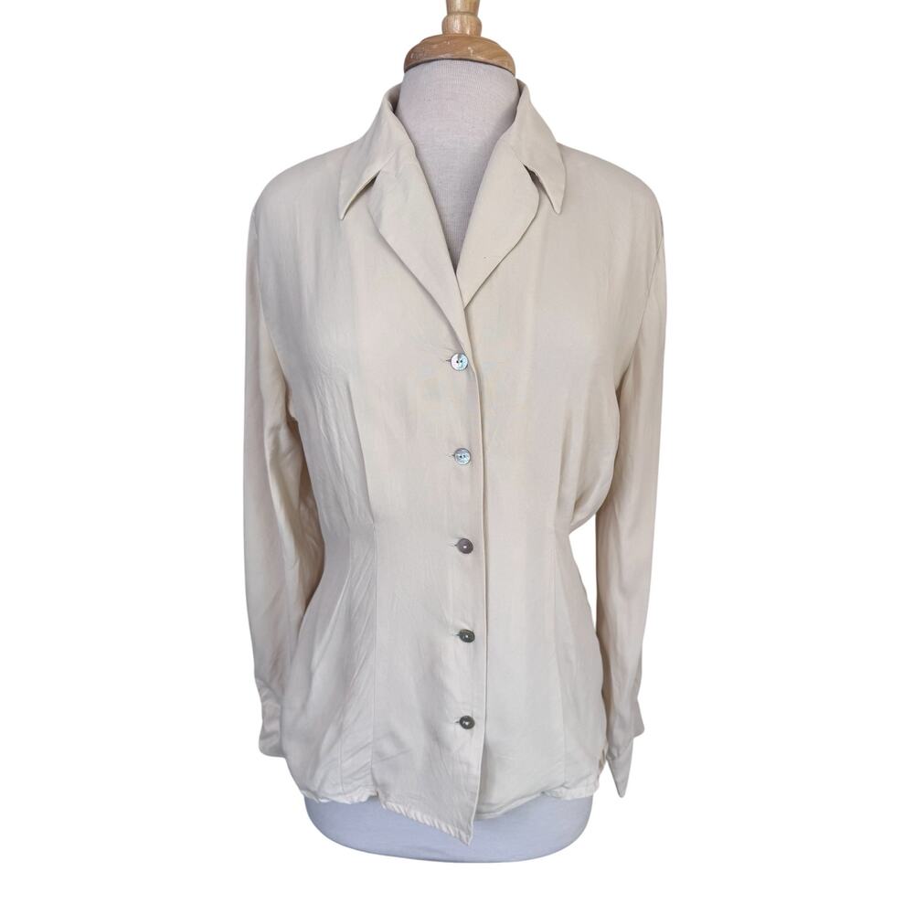 Vintage 90s Beige 100% Silk Button Up Blouse Size 14 XL Womens GEORGIOU STUDIO
